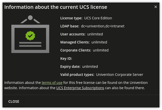 Dialog with information about the UCS license