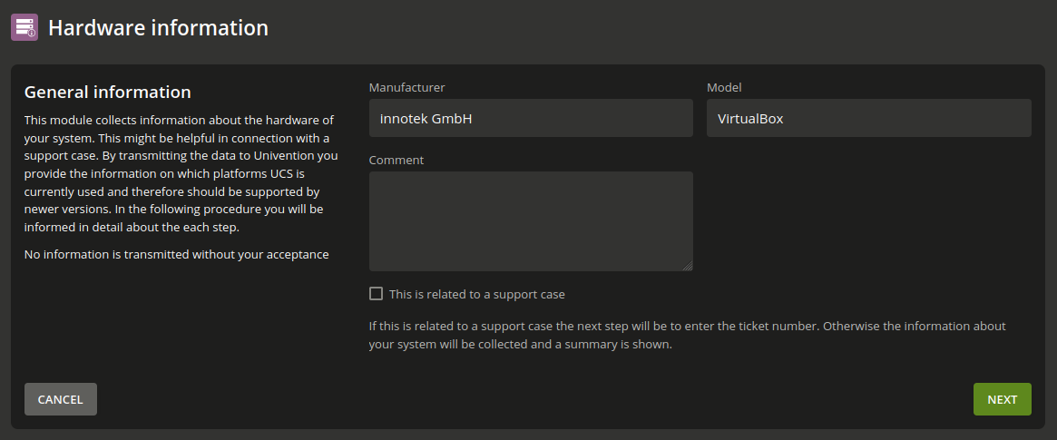 The Hardware information management module start dialog