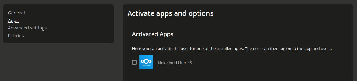 Group activation settings for each app in the Apps tab