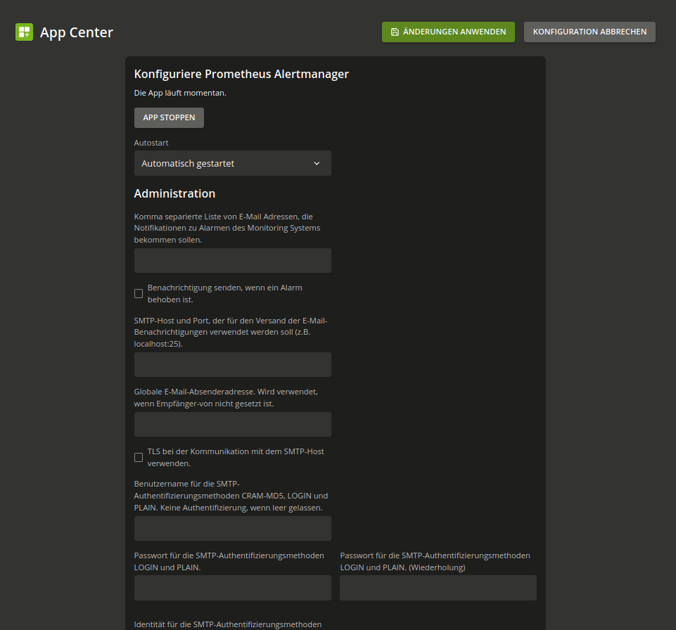 Die Abbildung zeigt die Alertmanager-App-Einstellungen für SMTP und E-Mail-Empfänger.
