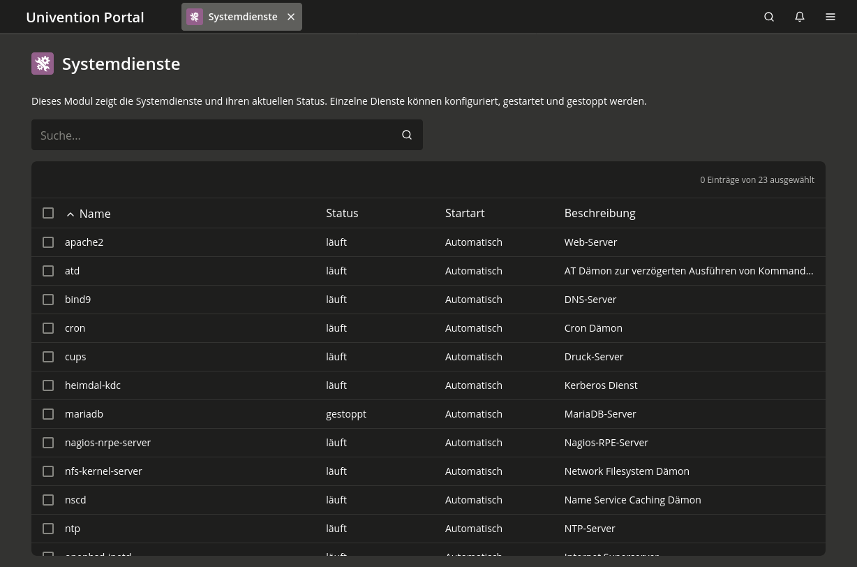 Das Verwaltungsmodul System services zeigt installierte Dienste, ihren Status und verfügbare Aktionen an.