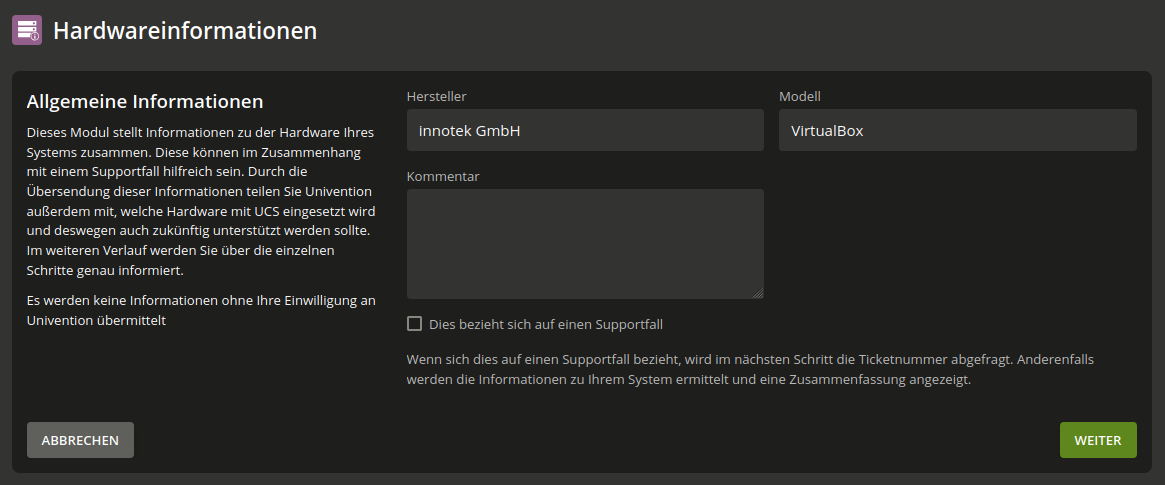 Das Startdialogfeld des Verwaltungsmoduls Hardwareinformationen