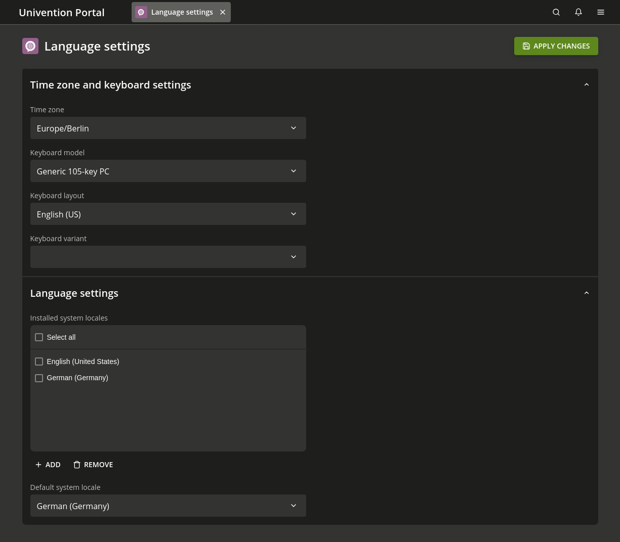The Language settings management module shows locale, keyboard layout, and time zone settings.