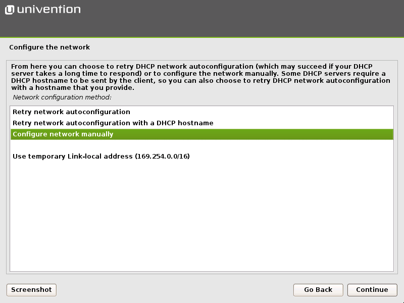 Select the manual network configuration