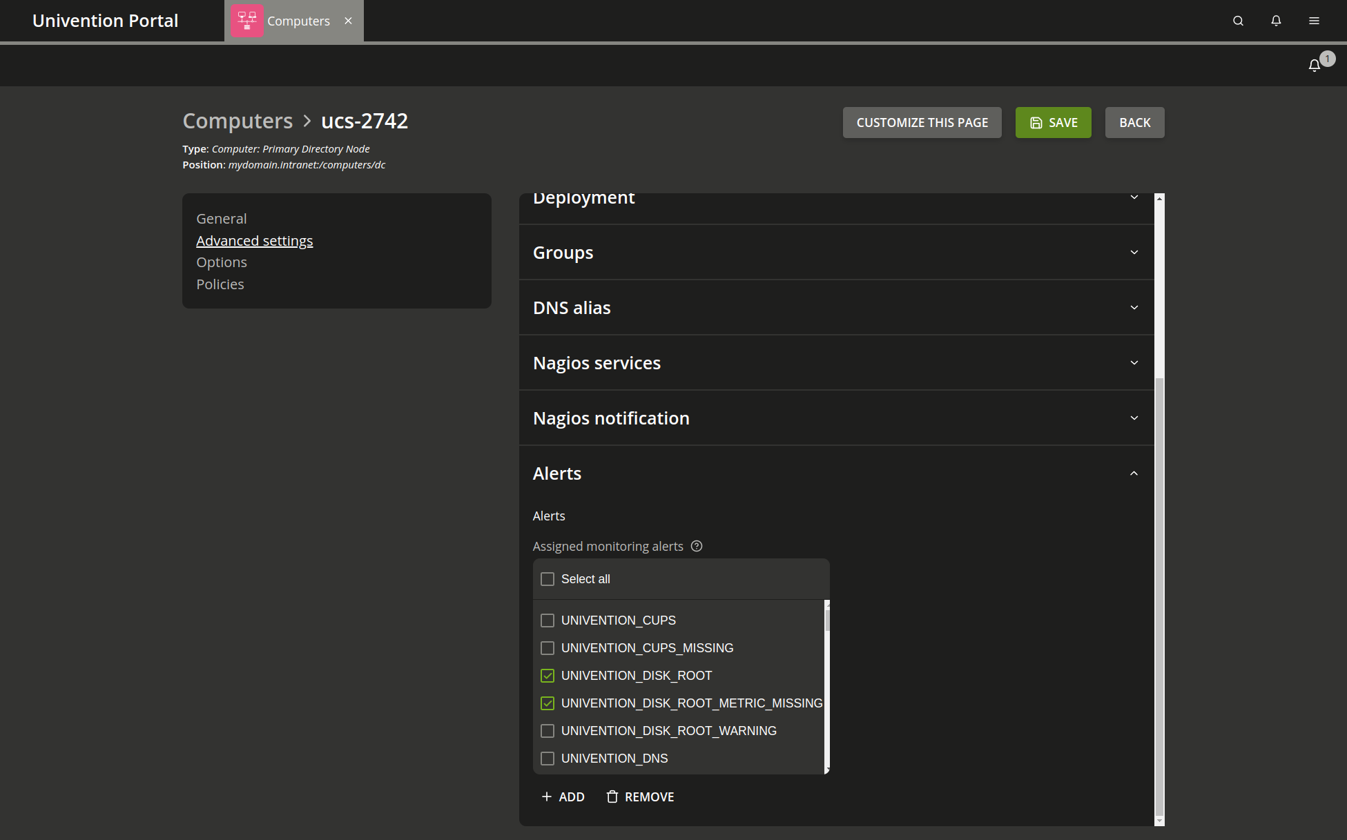 The figure shows the assignment of monitoring alerts to a computer.