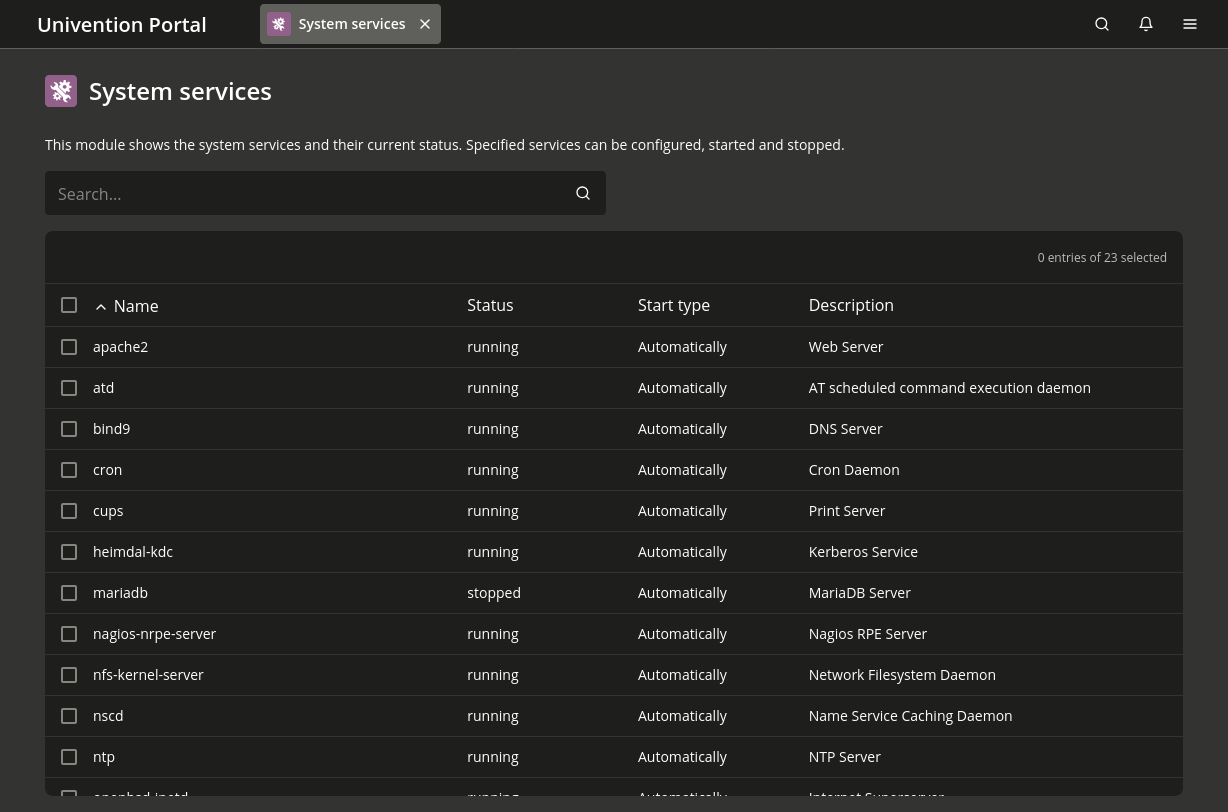 The System services management module shows installed services, their status, and available actions.