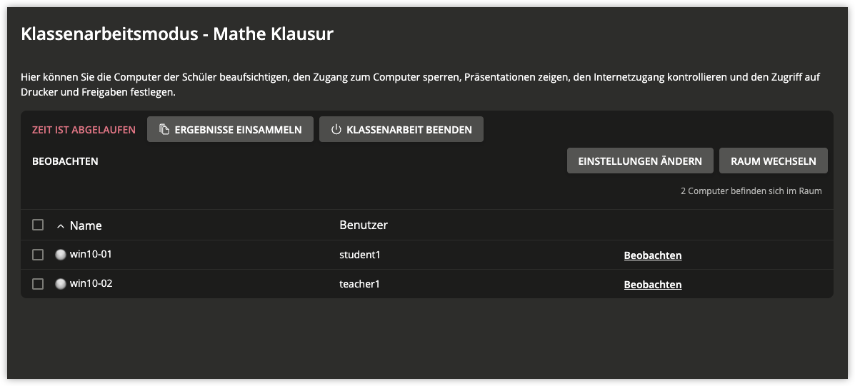 Verwaltung der Klassenarbeit über das Computerraum-Modul im Klassenarbeitsmodus