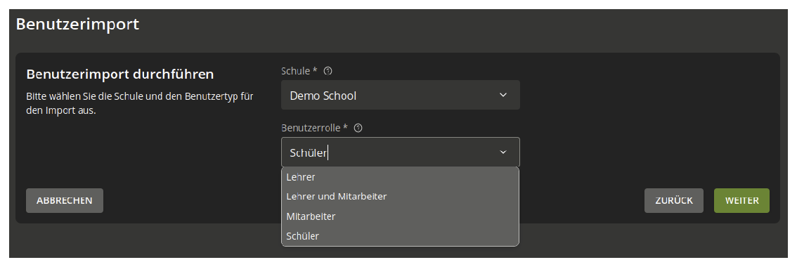 Auswahl des Benutzertyps